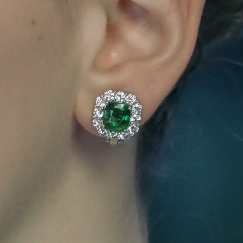 Tsavorite garnet diamond cluster earrings in platinum