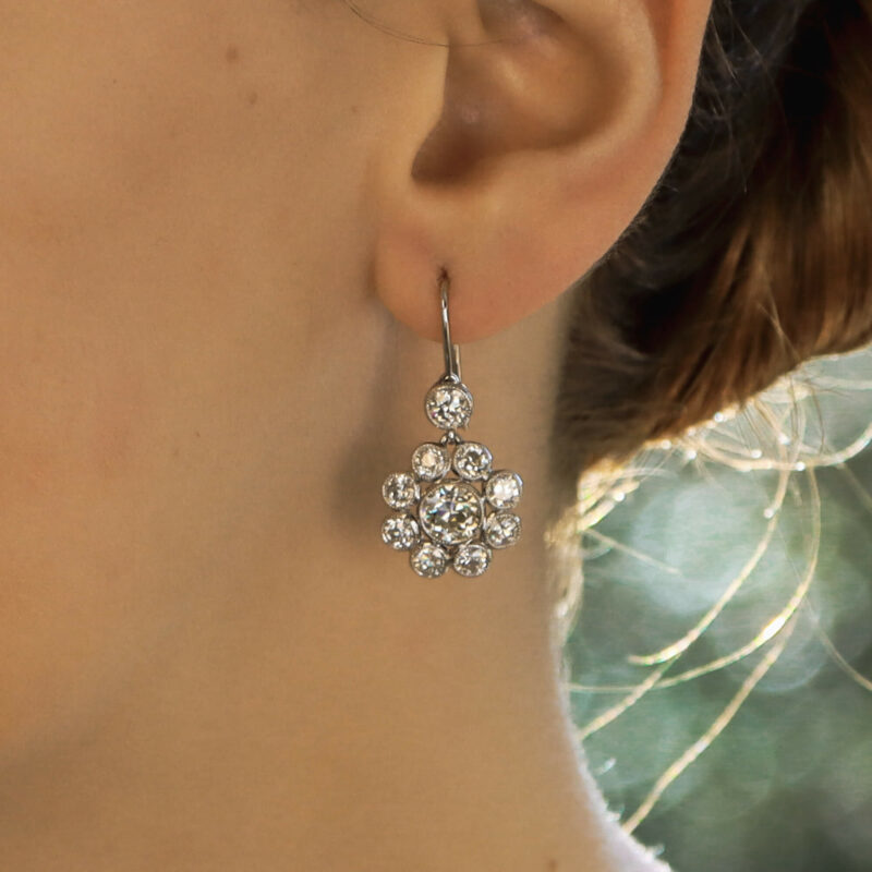 Old Mine Cut Diamond Cluster Earrings