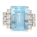 Art Deco Inspired Aquamarine and Diamond Cocktail Ring