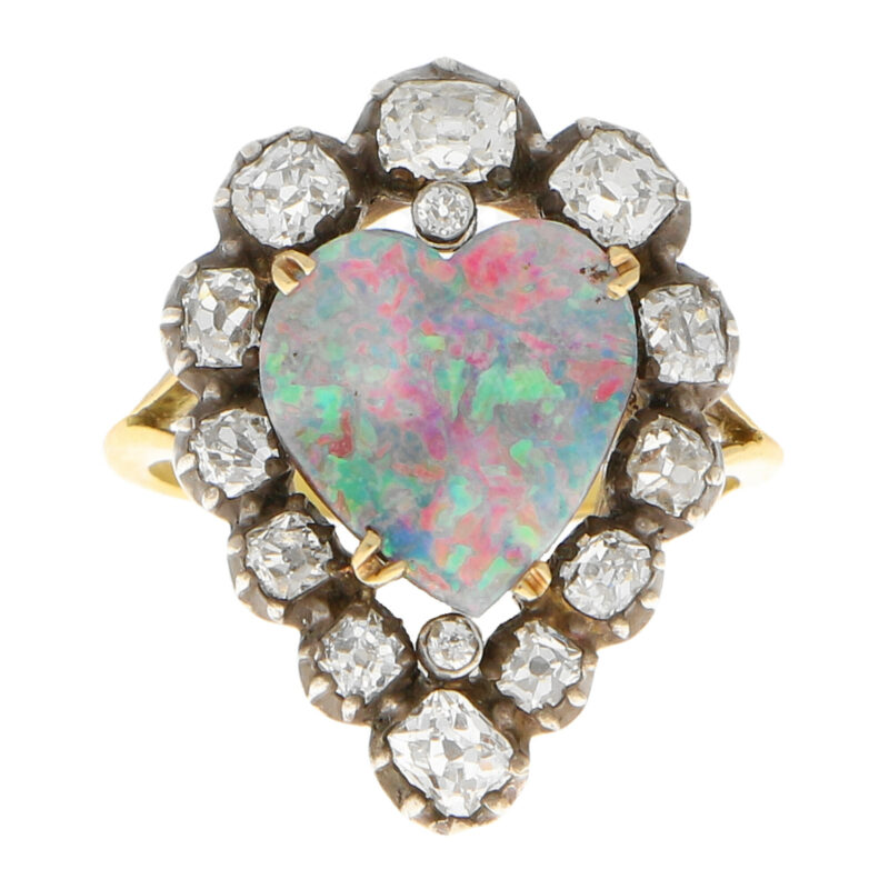 Victorian Opal and Old Mine Cut Diamond Heart Ring