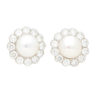 Diamond and White Pearl Cluster Earrings