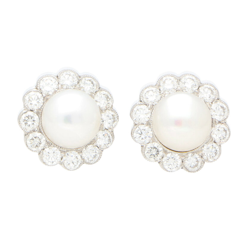 Diamond and White Pearl Cluster Earrings