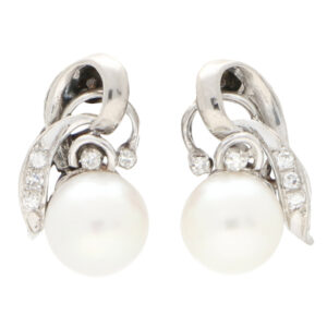 Vintage Cultured Pearl and Diamond Scroll Drop Earrings