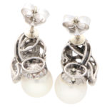 Vintage Cultured Pearl and Diamond Scroll Drop Earrings