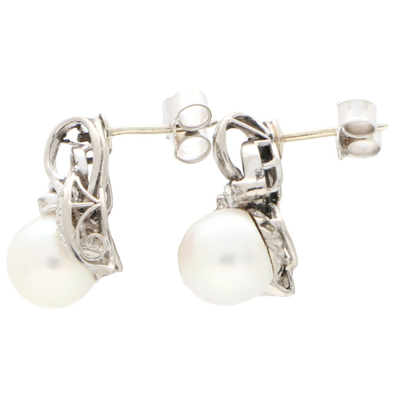 Vintage Cultured Pearl and Diamond Scroll Drop Earrings