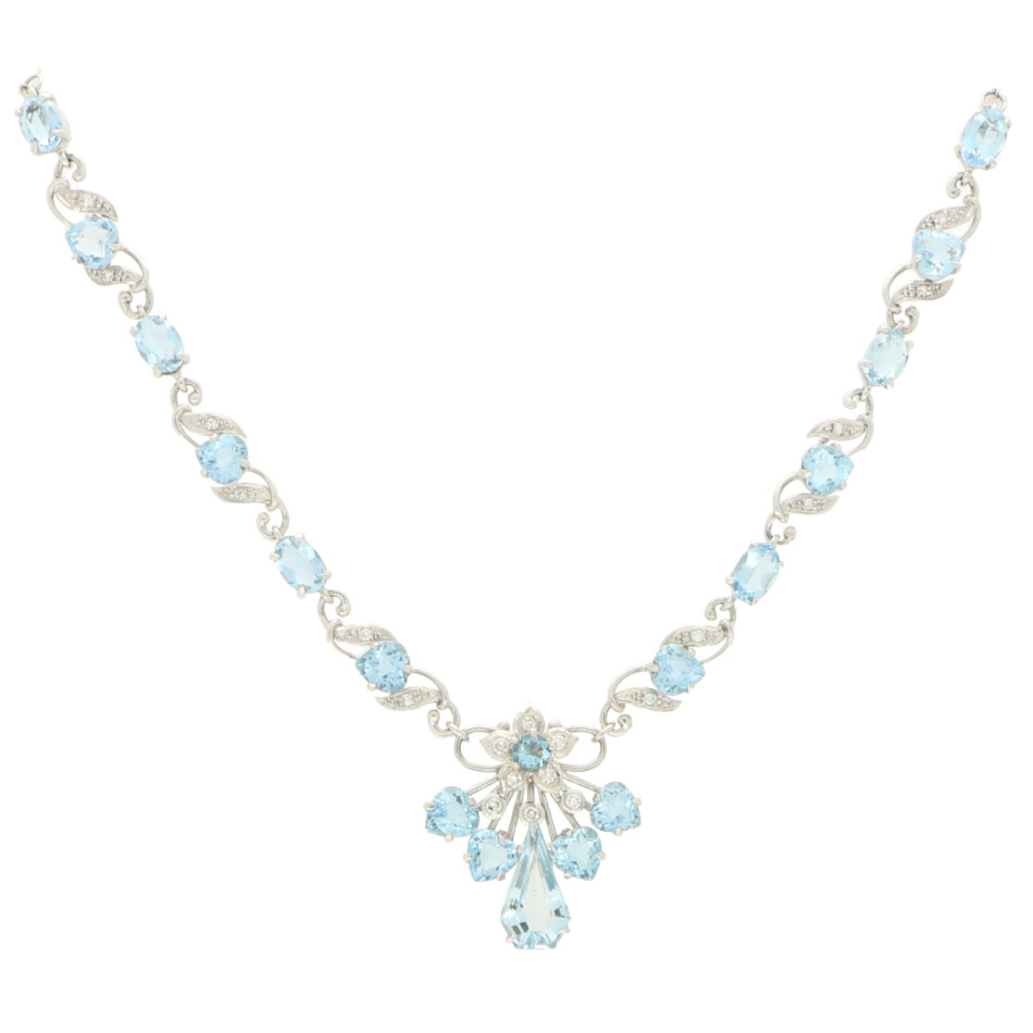Aquamarine and Diamond Floral Necklace