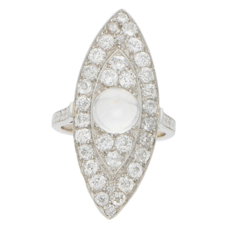 Art Deco Moonstone and Diamond Cocktail Dress Ring in Platinum