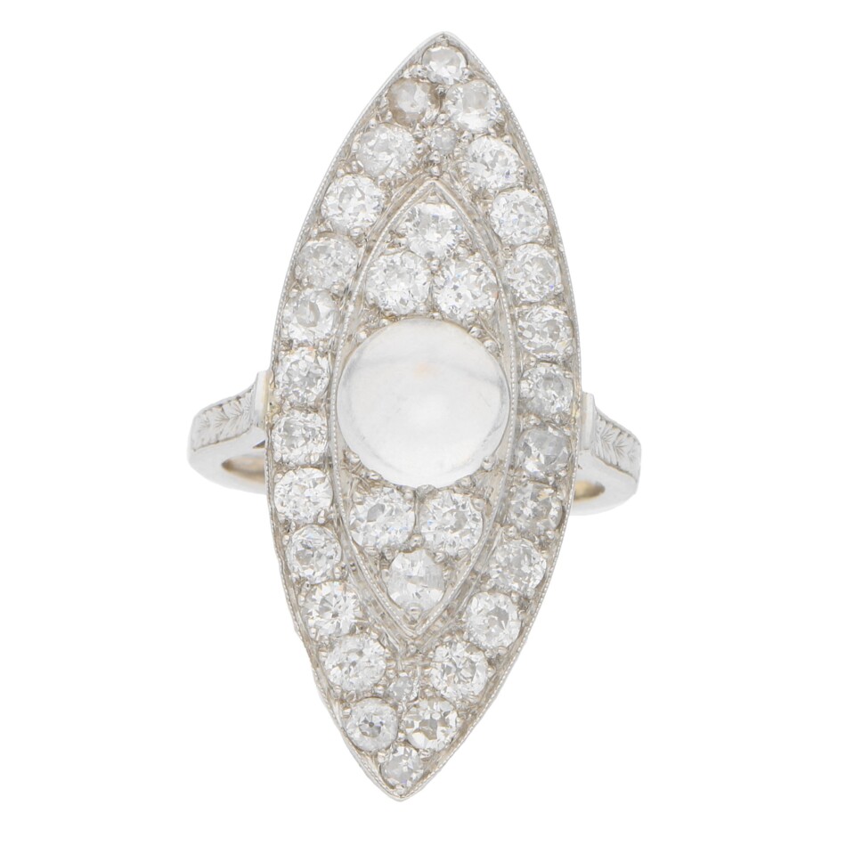 Art Deco Moonstone and Diamond Cocktail Dress Ring in Platinum