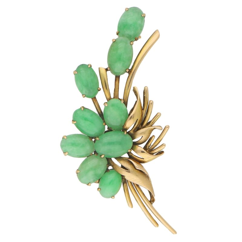 Vibrant Green Jadeite Brooch Set in 14k Yellow Gold