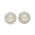 Pearl and Diamond Cluster Stud Earrings Set in 18k White Gold