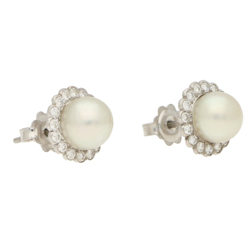 Pearl and Diamond Cluster Stud Earrings Set in 18k White Gold