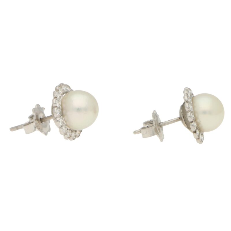 Pearl and Diamond Cluster Stud Earrings Set in 18k White Gold