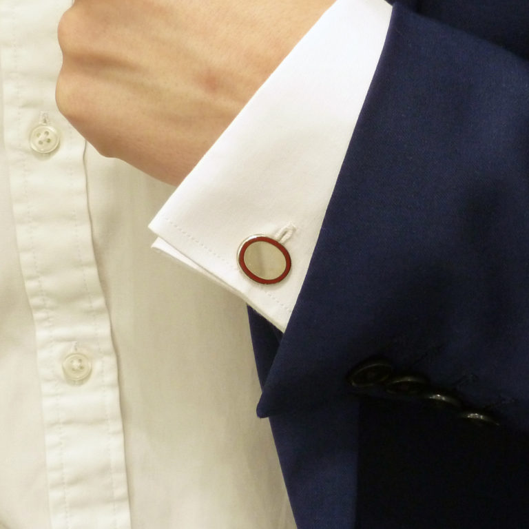 Contemporary Sterling Silver and Cerise Border Enamel Chain Cuff