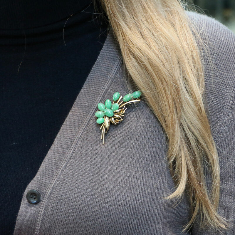 Vibrant Green Jadeite Brooch Set in 14k Yellow Gold