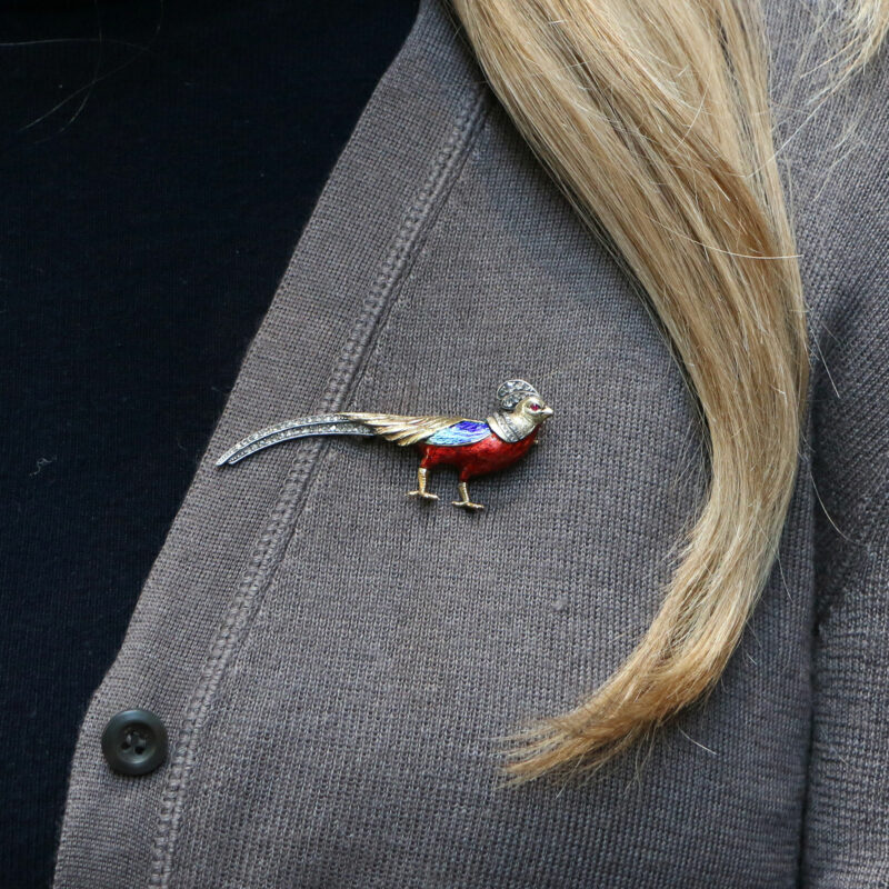 Victorian Enamel, Diamond and Ruby Golden Pheasant Brooch