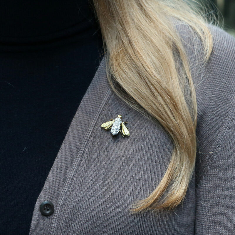 Vintage Diamond and Emerald Fly Brooch in Yellow and White Gold