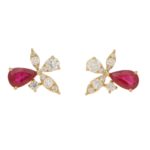 Ruby and Diamond Yellow Gold Orchid Earrings