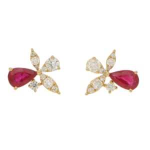 Ruby and Diamond Yellow Gold Orchid Earrings