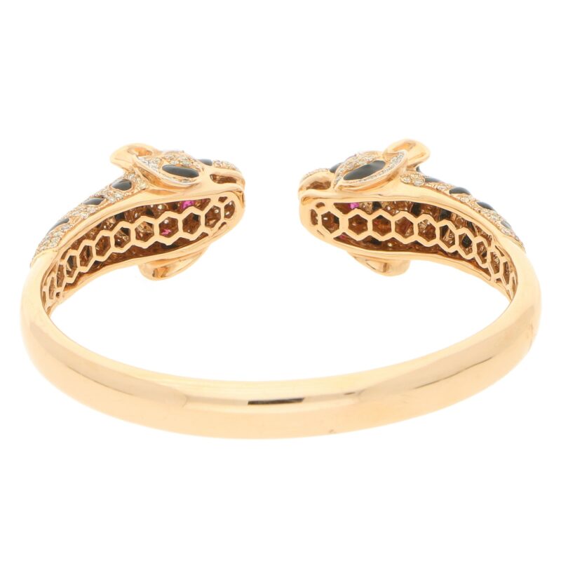 Diamond, Enamel and Ruby Tiger's Head Bangle Bracelet Rose Gold