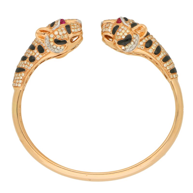 Diamond, Enamel and Ruby Tiger's Head Bangle Bracelet Rose Gold