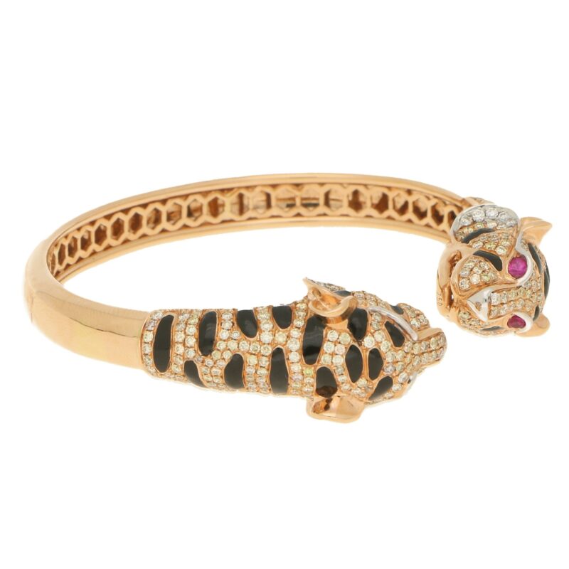 Diamond, Enamel and Ruby Tiger's Head Bangle Bracelet Rose Gold