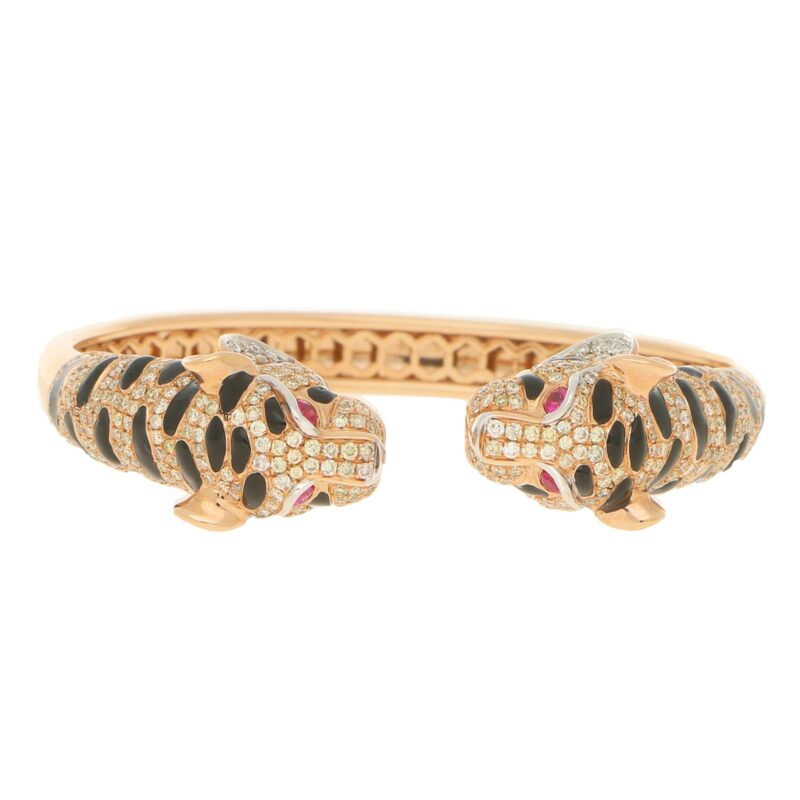 Diamond, Enamel and Ruby Tiger's Head Bangle Bracelet Rose Gold