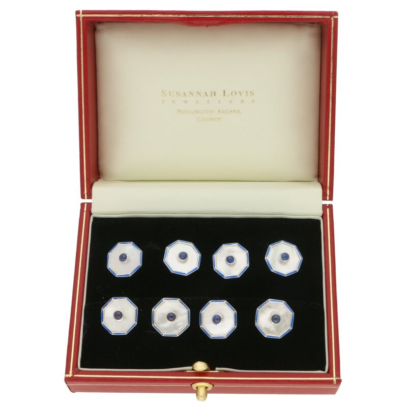 Blue Sapphire, Mother of Pearl and Enamel Octagonal Shirt Studs