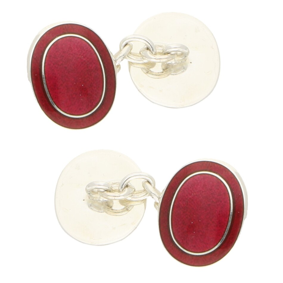 Red Enamel Frame Chain Cufflinks in Sterling Silver
