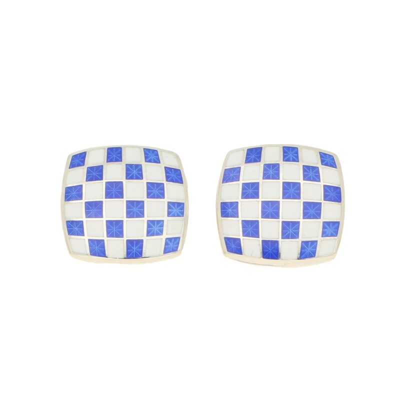 Men's blue and white enamel link cufflinks in sterling silver