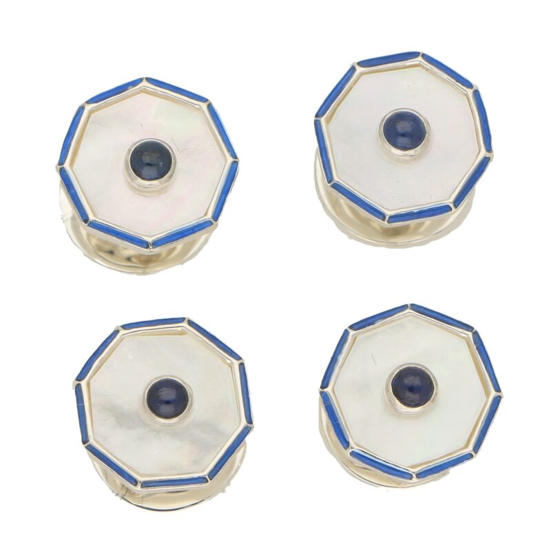 Blue Sapphire, Mother of Pearl and Enamel Octagonal Shirt Studs