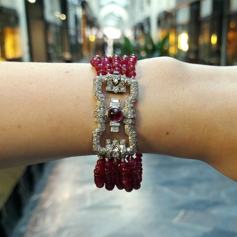 Art Deco Ruby and Diamond Bracelet with Platinum Geometric Clasp