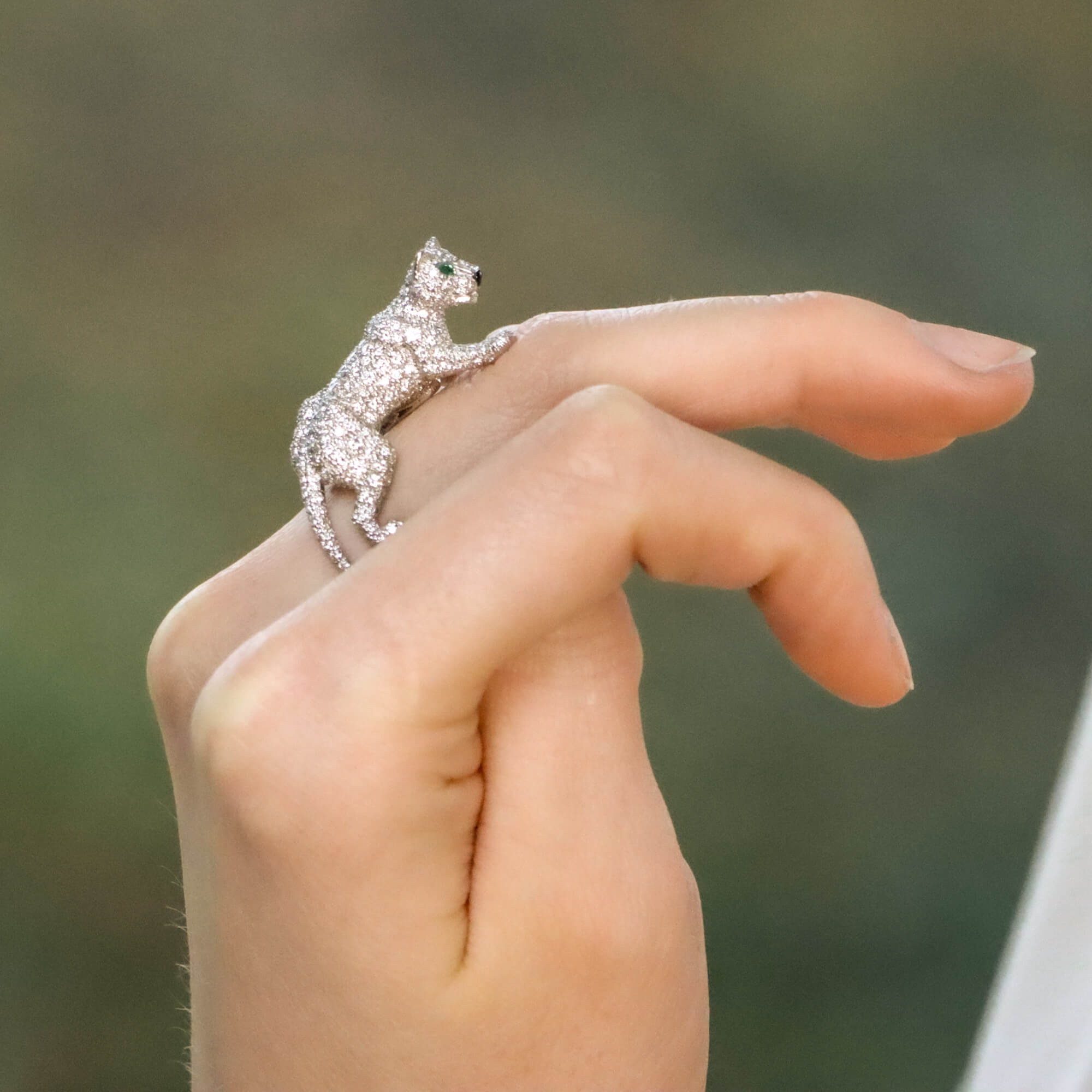 Cartier Diamond and Green Garnet Walking Panther Ring at Susannah
