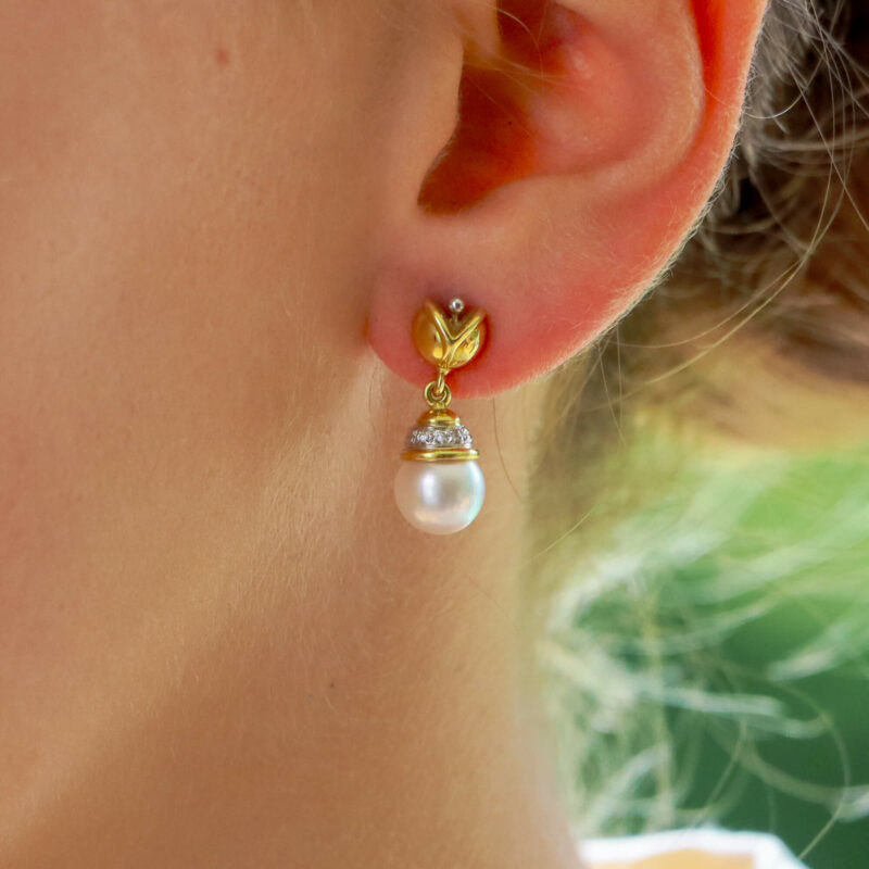 Pearl and Diamond Floral Drop Earrings