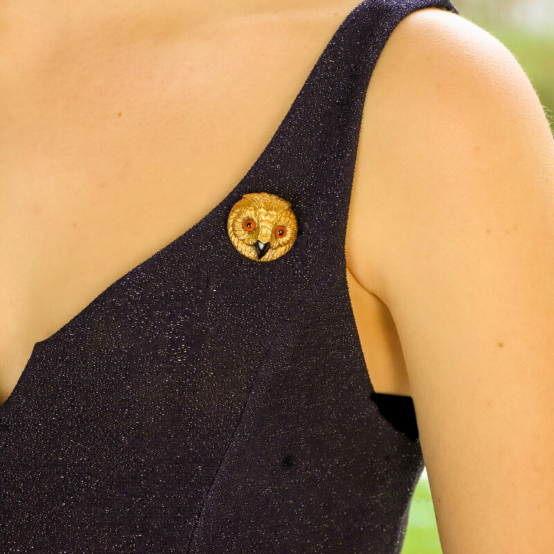 Victorian owl head brooch in yellow gold