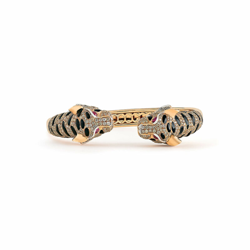 Diamond, Enamel and Ruby Tiger's Head Bangle Bracelet Rose Gold