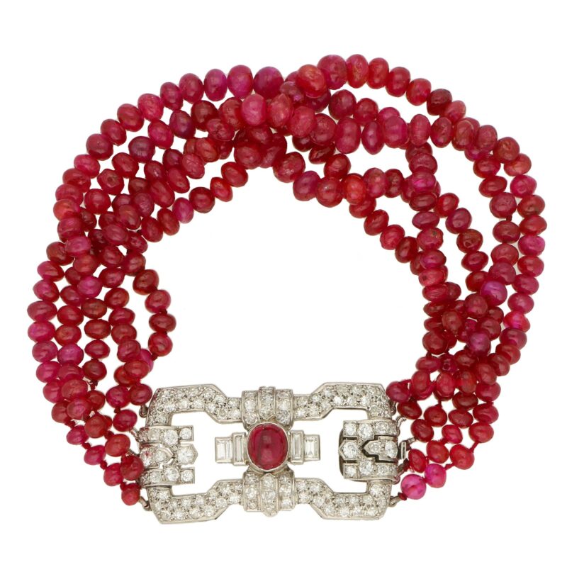 Art Deco Ruby and Diamond Bracelet with Platinum Geometric Clasp