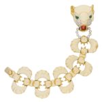 Italian Diamond and White Enamel Tiger Bracelet in Yellow Gold