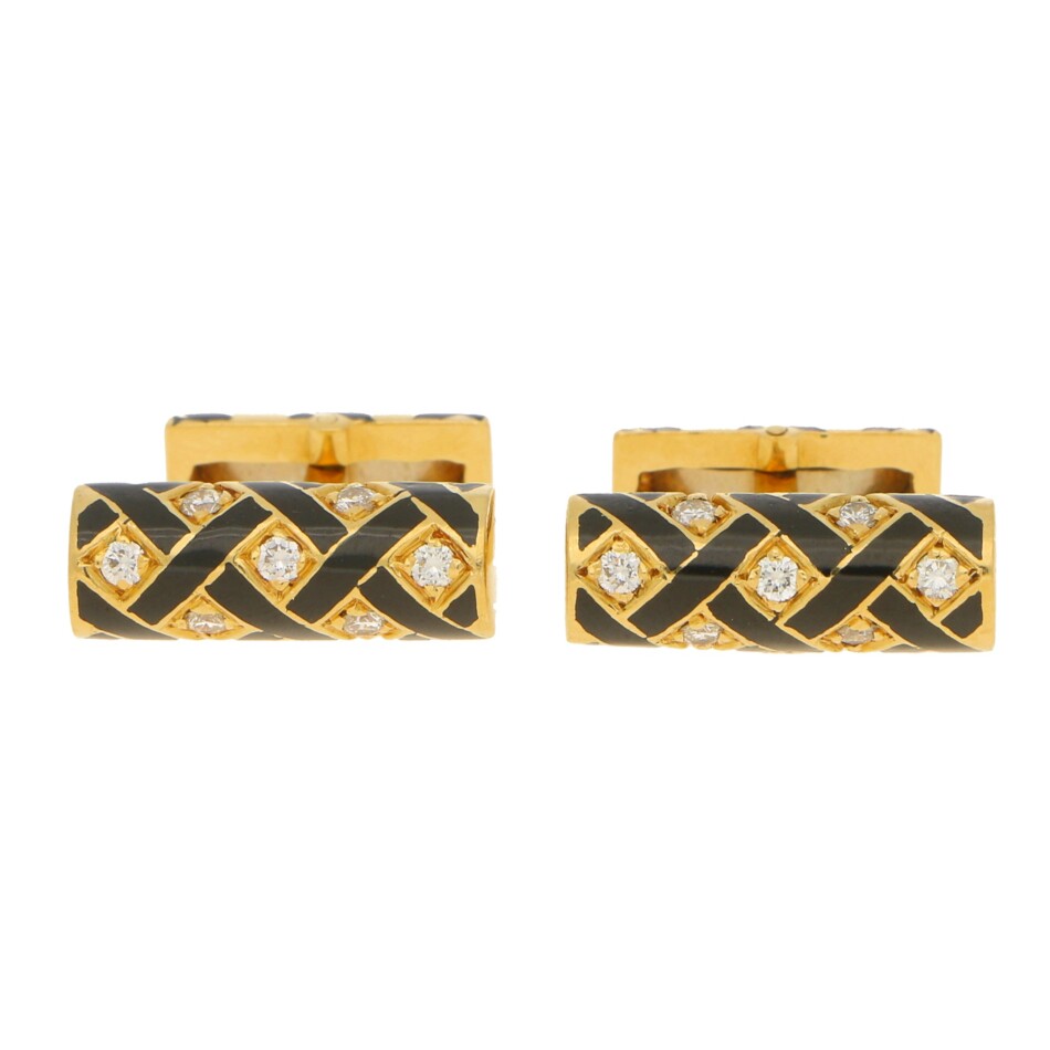 Tiffany Diamond and Black Enamel Cufflinks in Yellow Gold
