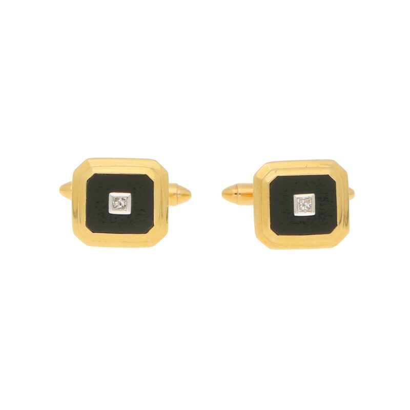 Geometric Diamond and Onyx Cufflinks in Yellow Gold