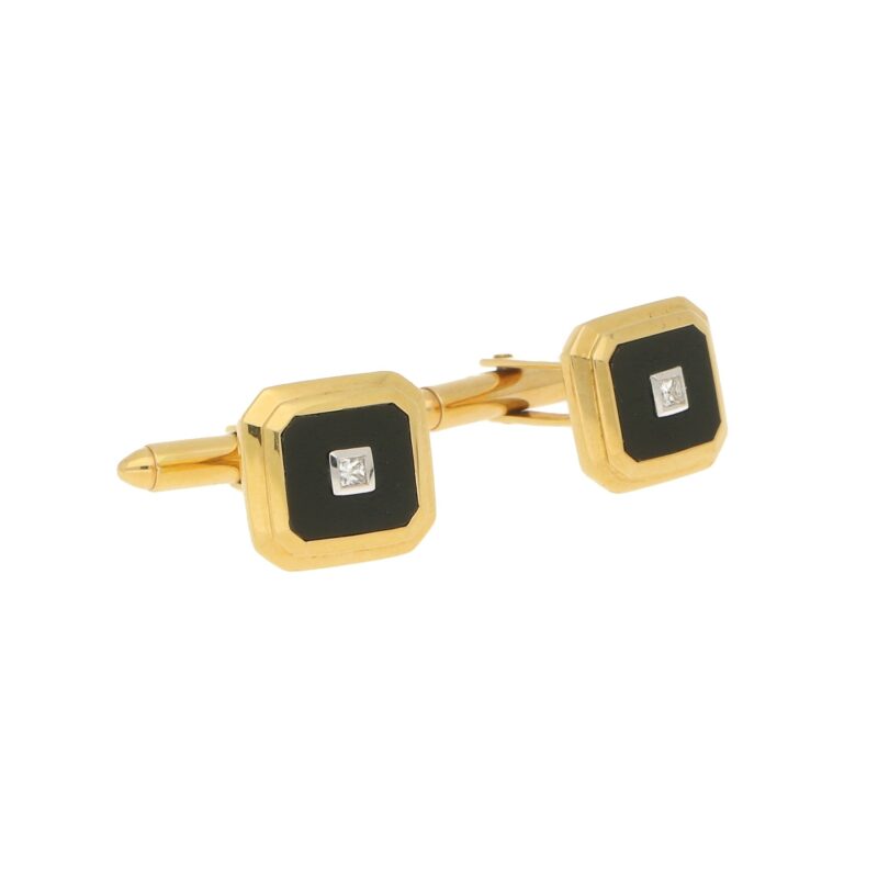 Geometric Diamond and Onyx Cufflinks in Yellow Gold