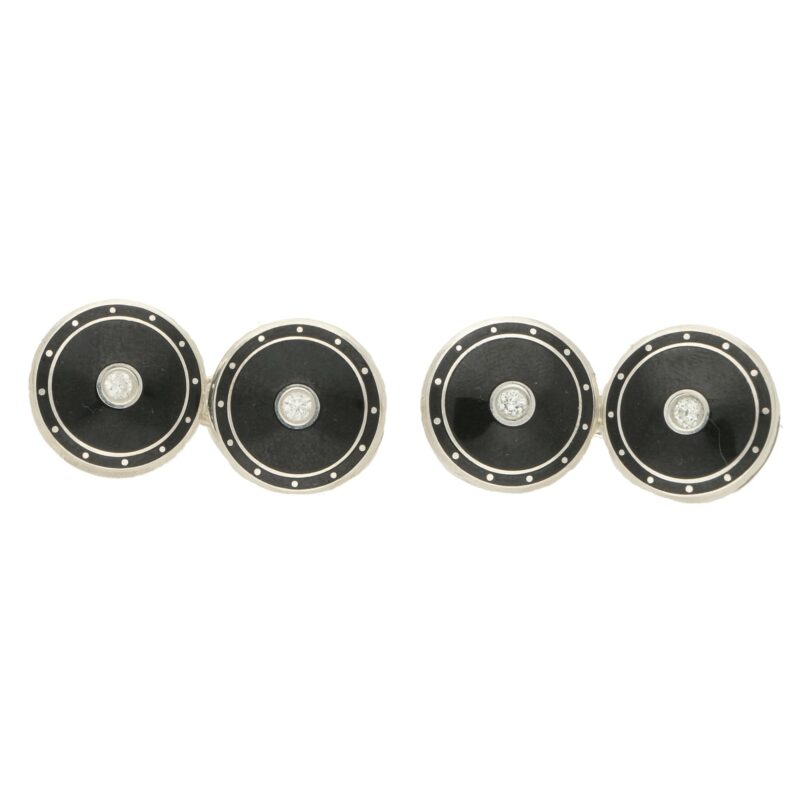 Black poker chip sterling silver and diamond set chain cufflinks