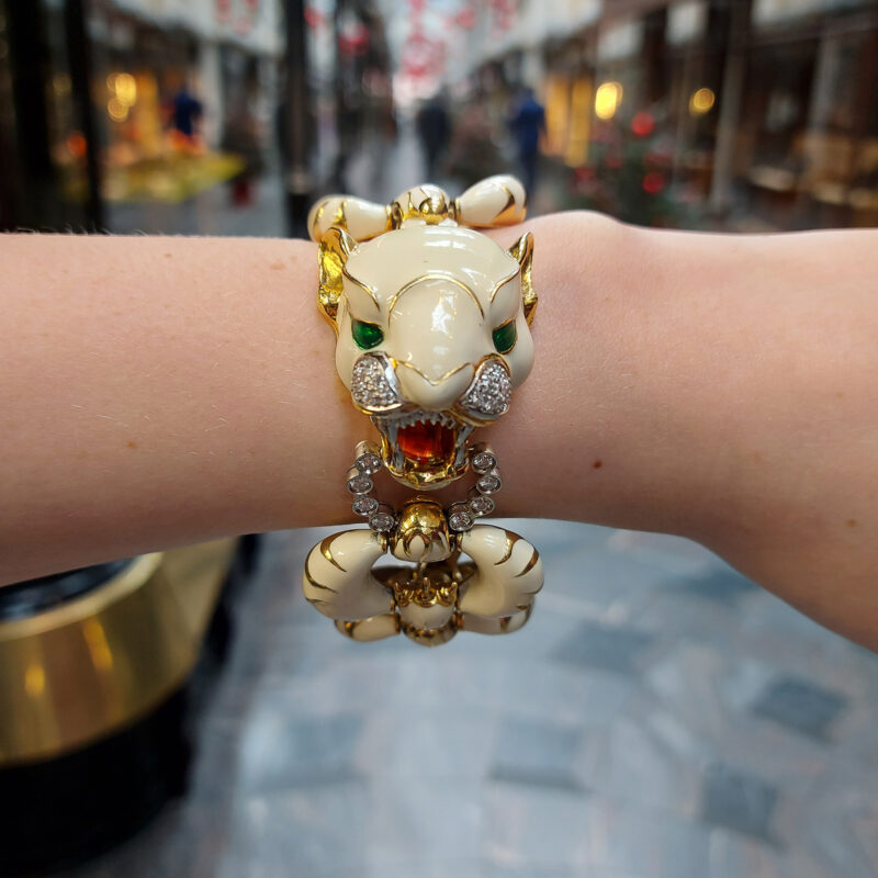 Italian Diamond and White Enamel Tiger Bracelet in Yellow Gold