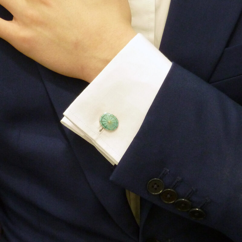 Men's light blue enamel chain link cufflinks in sterling silver
