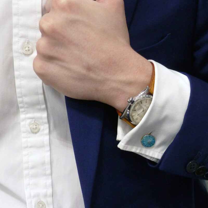 Men's light blue enamel chain link cufflinks in sterling silver