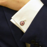 Men's round sterling silver cufflinks in pink and blue enamel