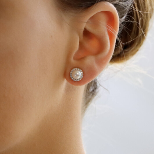 Contemporary Pearl and Diamond Cluster Stud Earrings
