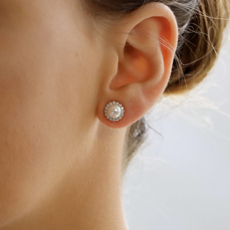 Contemporary Pearl and Diamond Cluster Stud Earrings