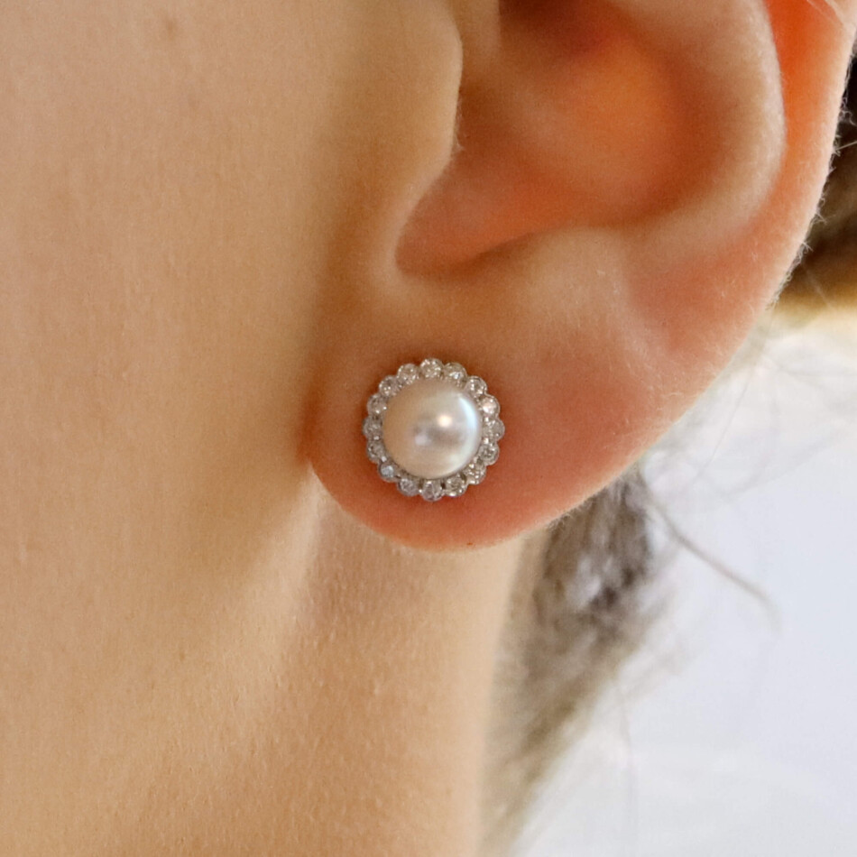 Contemporary Pearl and Diamond Cluster Stud Earrings