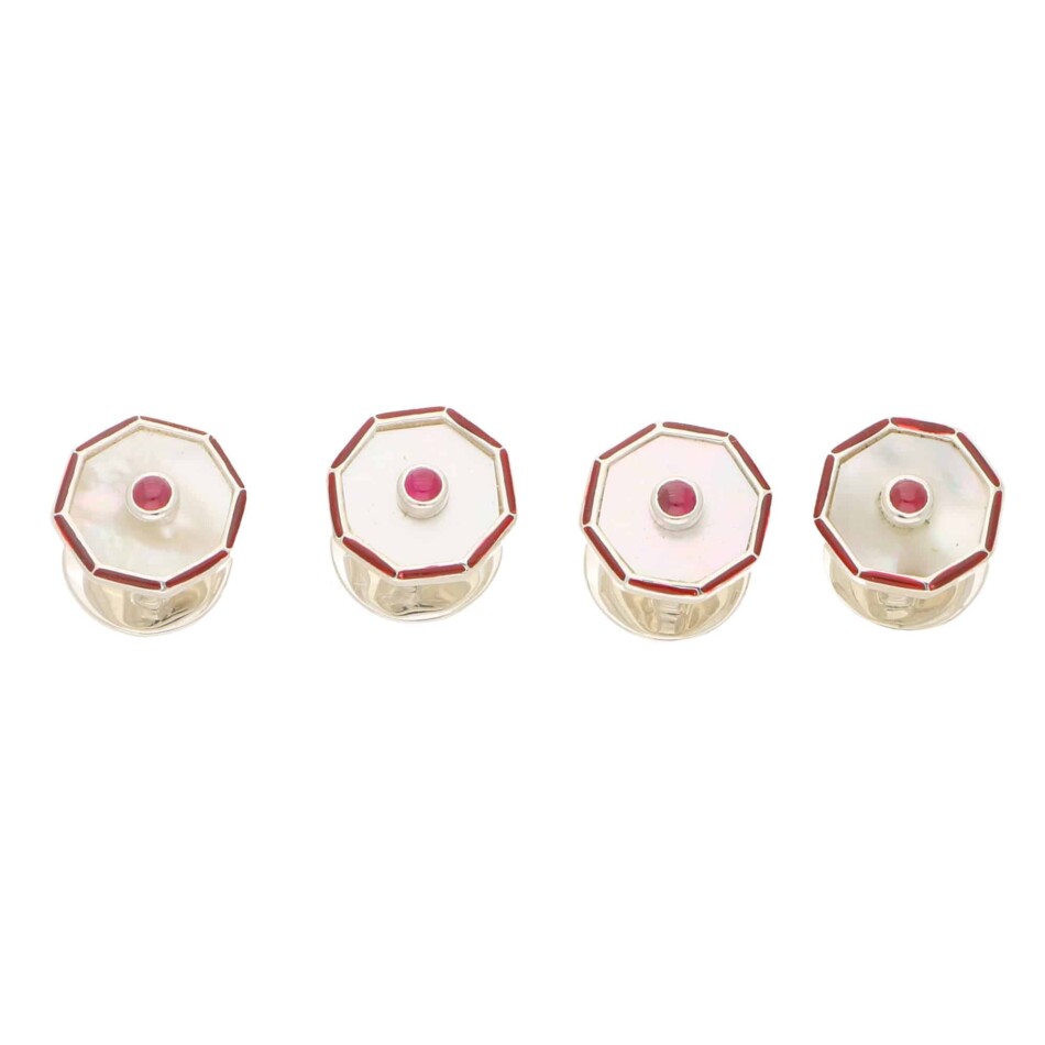 Ruby, Mother of Pearl and Enamel Octagonal Shirt Studs