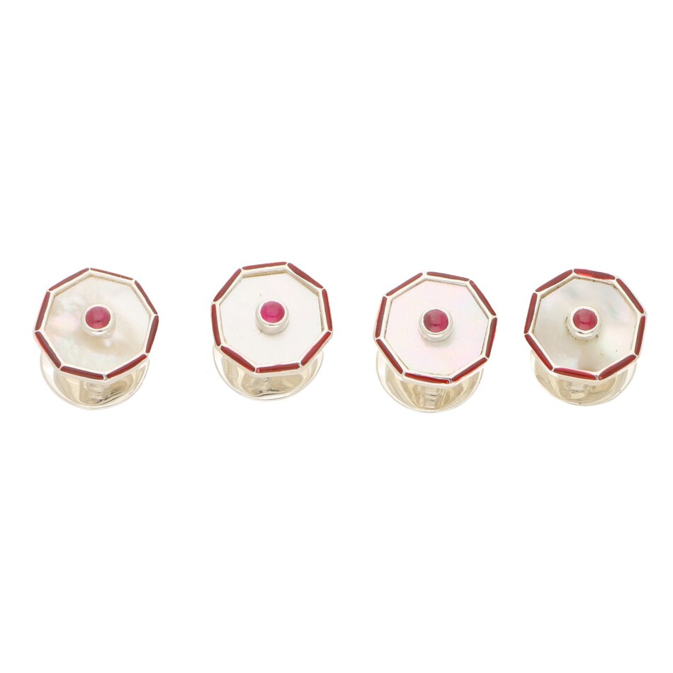 Ruby, Mother of Pearl and Enamel Octagonal Shirt Studs